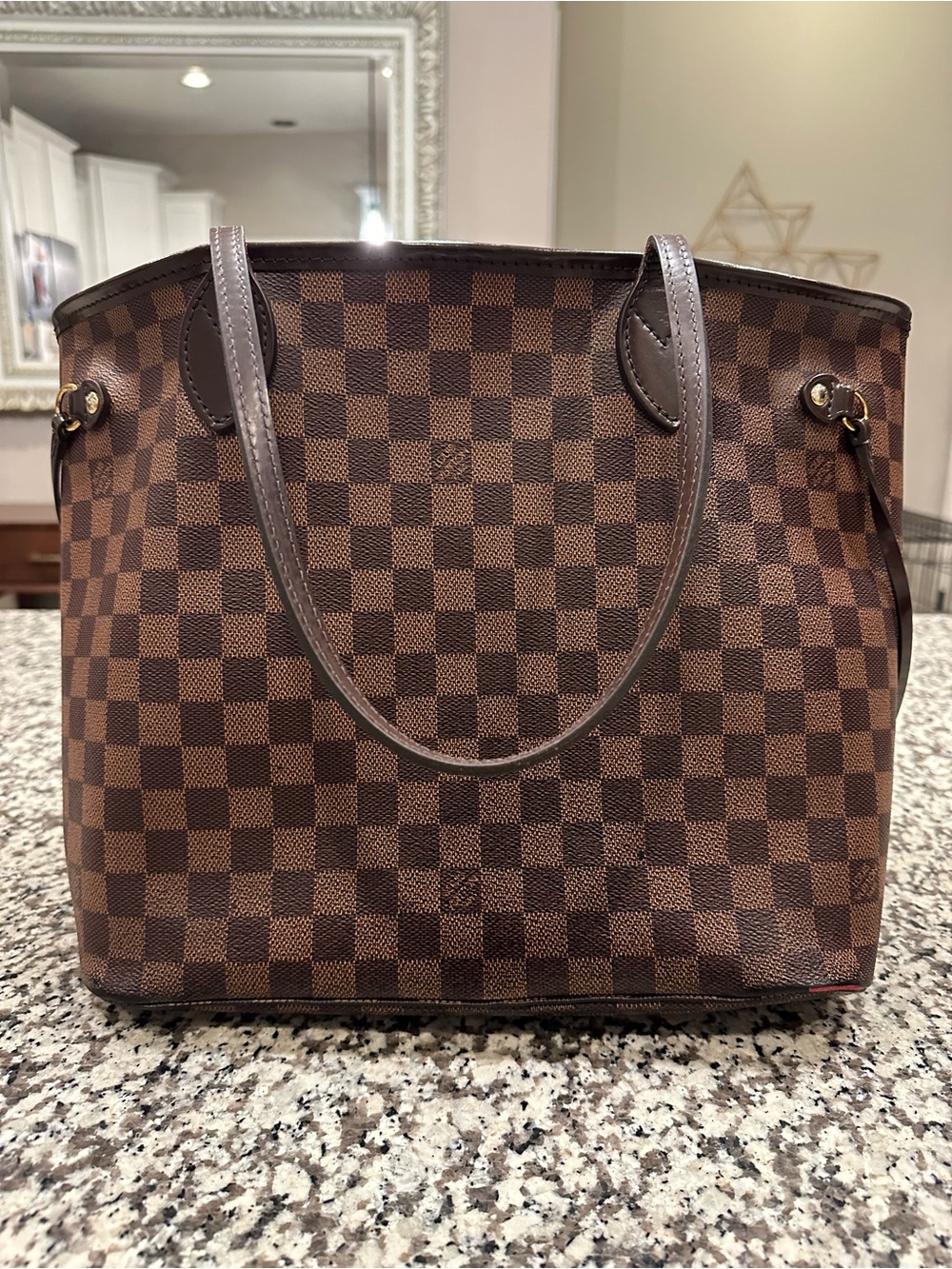 Louis Vuitton Brown Damier Canvas Shoulder Tote with Gold Hardware